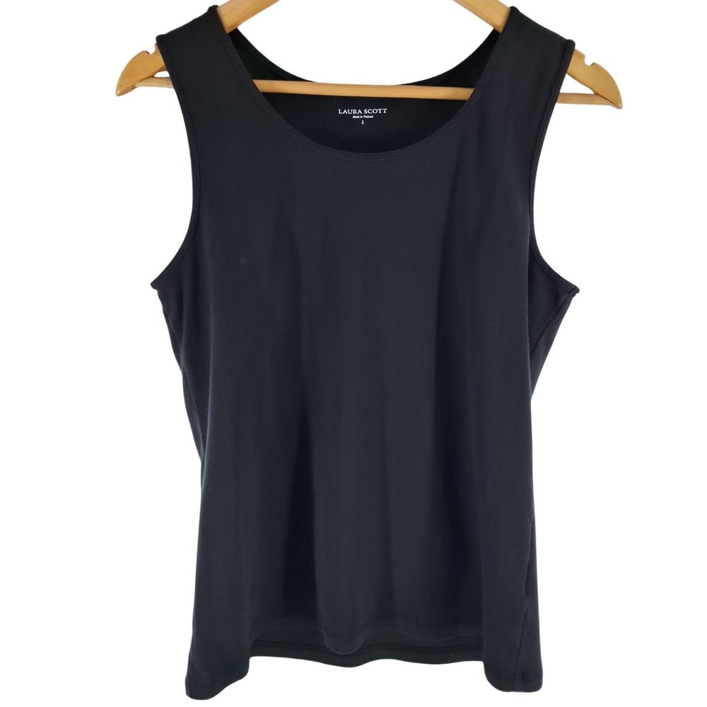Laura Scott‎ Womens Black Cotton Scoop Neck Tank Top Sleeveless Basic Size L